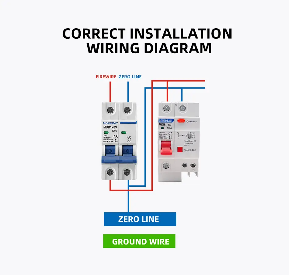 AC RCBO Breaker MDB1LE-63 IEC Correct Installation Wiring Diagram