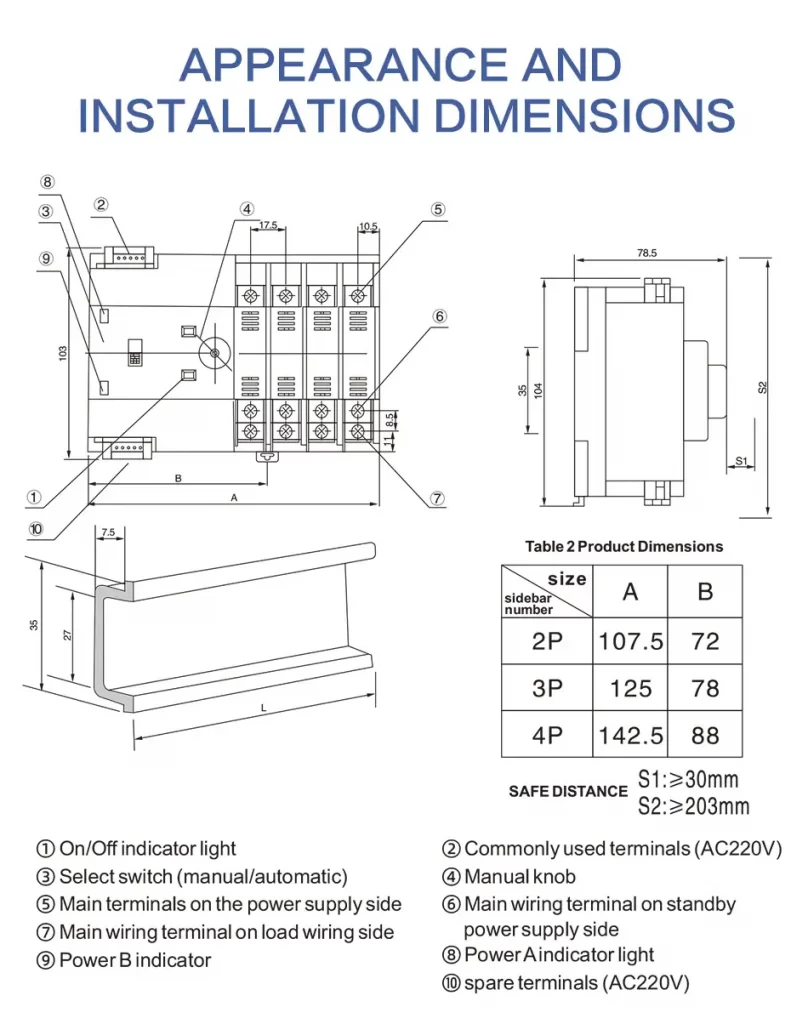 Dual Power Automatic Transfer Switch MDQ5R Appearance and Installation Dimensions